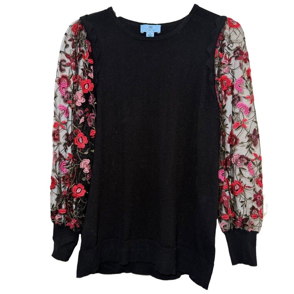 CeCe Women’s M Black Floral Embroidered Mesh Sleeve Cotton Sweater Tunic